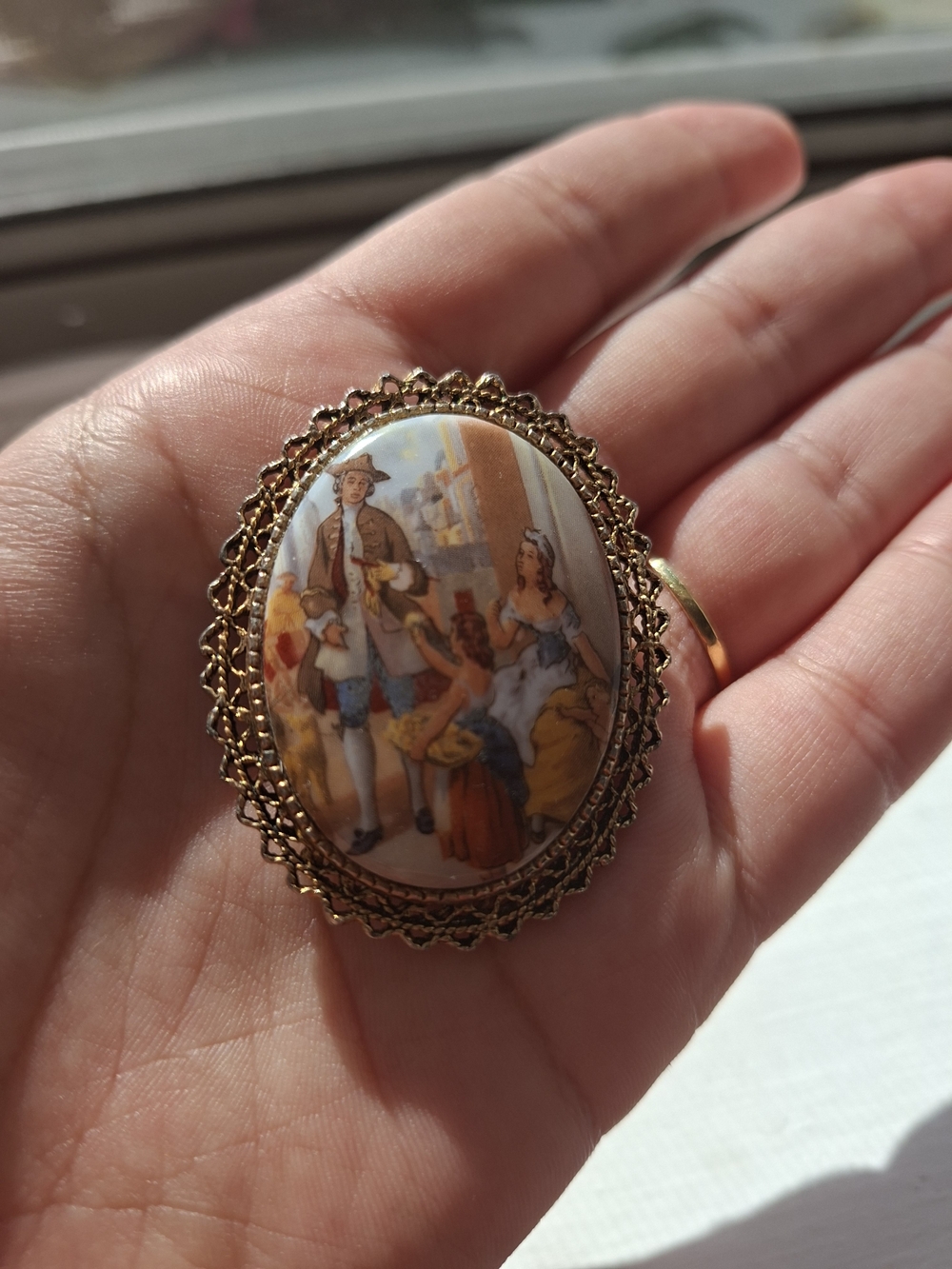 Vintage-Style Gold Porcelain Cameo Brooch - Hand-Painted Scene